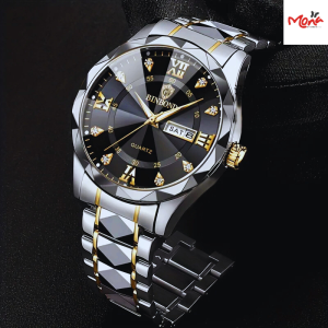 Binbond men's waterproof stainless steel watch with luminous dial and dual calendar feature