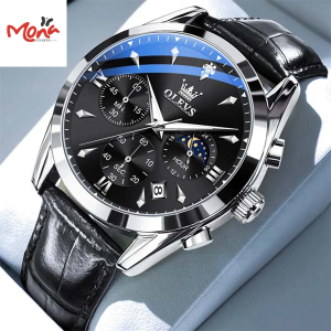 Original OLEVS 3609 Geneva Triple Dial Men’s Black Quartz Watch with Leather Strap – Luxury Timepiece for Business & Casual Wear