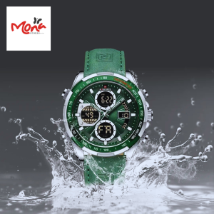 Original Naviforce 9197L Men's Luxury Chronograph Watch with Silver Strap and Green Dial
