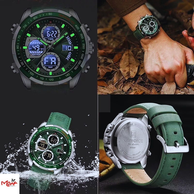 Original Naviforce 9197L Men's Luxury Chronograph Watch with Silver Strap and Green Dial
